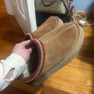 UGG Tan Suede Slippers with Red Trim